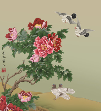 牡丹鴿子工筆畫