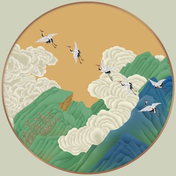 青綠山水仙鶴鏡心