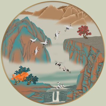 青綠山水仙鶴鏡心