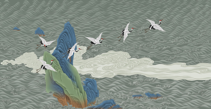 國潮海濤海水波浪瑞鶴圖高清分層