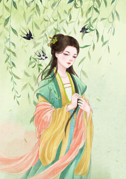 杨柳依依古风美人插画