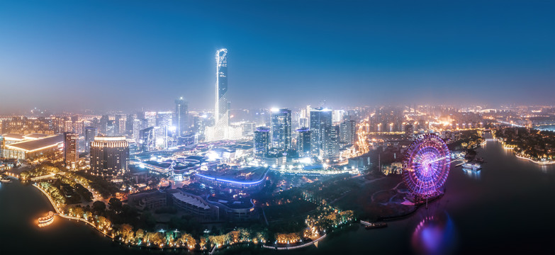 航拍苏州城市建筑景观夜景