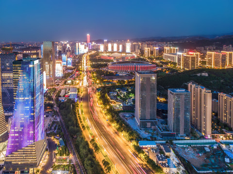 航拍济南高新区建筑景观夜景