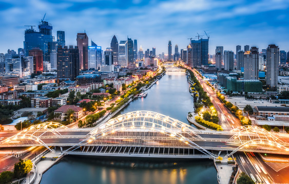 航拍天津海河沿岸夜景