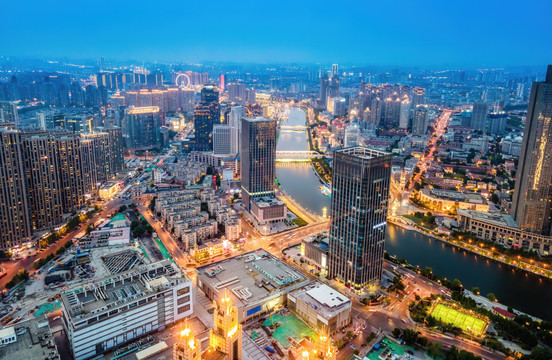 航拍天津都市风光夜景