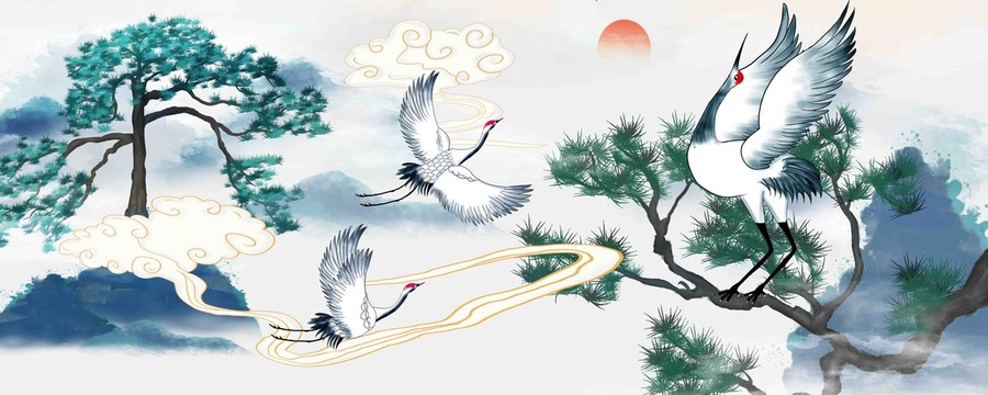 迎客松山水電視背景墻