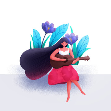 扁平吉他美女插畫