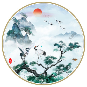 新中式松鶴水墨山水畫