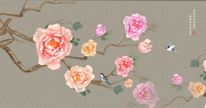 水彩牡丹花花鳥壁畫