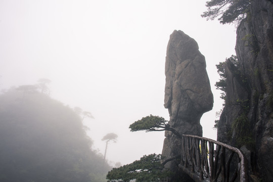 雨雾中的江西三清山马头石