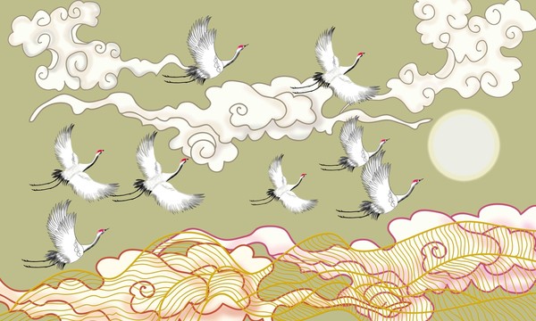 禪意仙鶴云紋背景墻