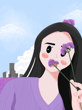 紫色聞花女孩