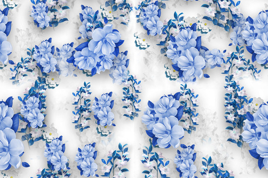 真丝面料花型蓝色玫瑰花小碎花