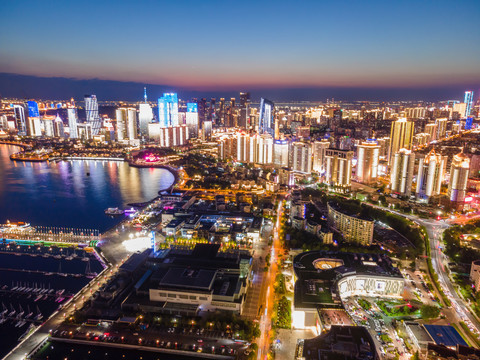 航拍青岛城市海岸线建筑景观夜景