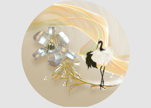 仙鶴金屬花卉圓鏡新中式國(guó)風(fēng)插畫(huà)