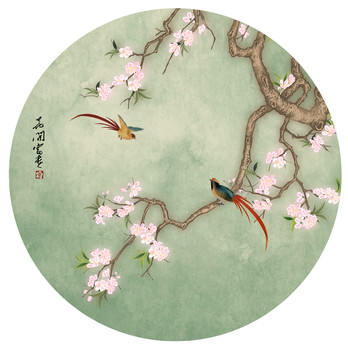 手繪工筆花鳥圓鏡新中式國風(fēng)插畫