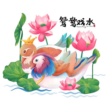 手繪鴛鴦戲水