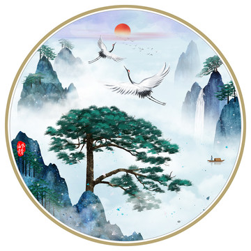 新中式松鶴水墨山水畫