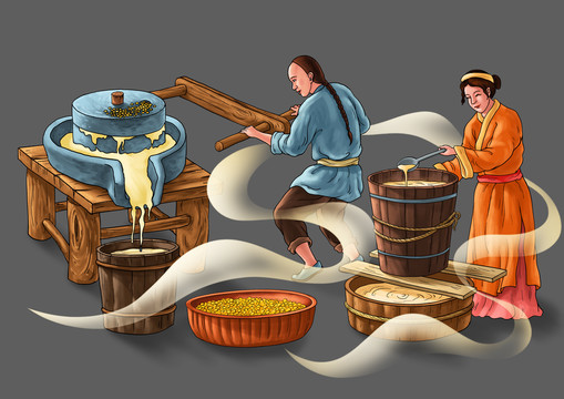 古代人物石磨磨豆?jié){的場(chǎng)景