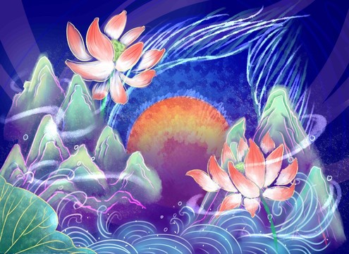 國潮風背景荷花山水