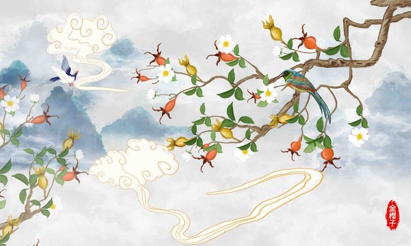 金櫻子花鳥背景