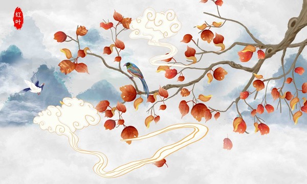 紅葉花鳥背景