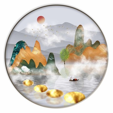 新中式輕奢山水圓形玄關(guān)裝飾畫