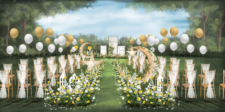 黄绿白婚礼草坪婚礼手绘效果图