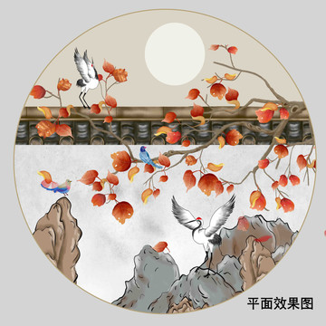 紅葉花鳥插畫