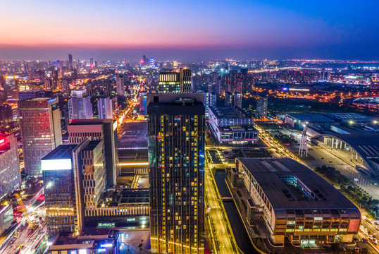 航拍浙江宁波城市建筑夜景