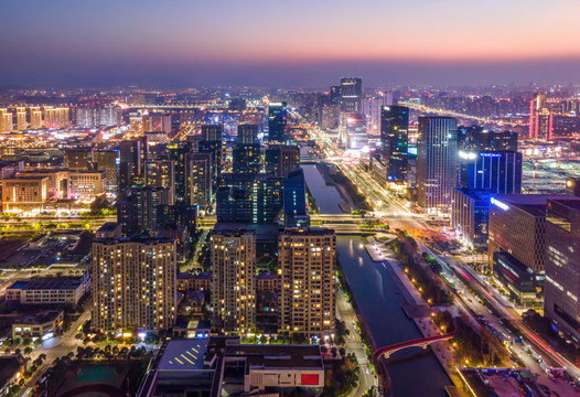 航拍浙江宁波建筑景观天际线夜景