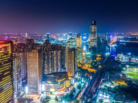 航拍广州城市建筑夜景