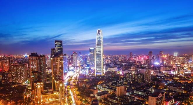 航拍天津城市建筑天际线夜景