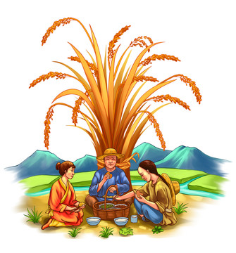 古代人物收貨水稻插畫