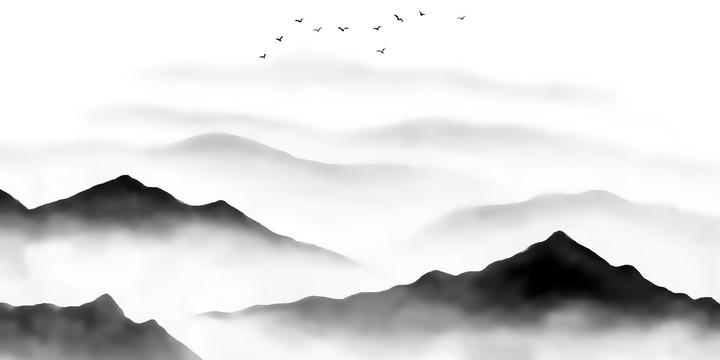 黑白山水风景意境画