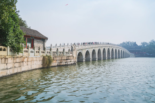 北京颐和园十七孔桥和昆明湖风光