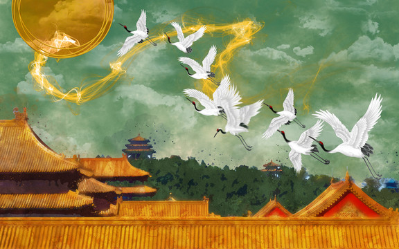 仙鶴宮殿樓宇祥瑞新中式國潮插畫