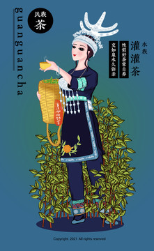 水族采茶女罐罐茶云南普洱茶插画