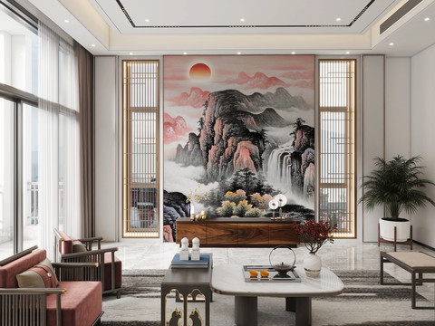 新中式壁画别墅复试客厅效果图