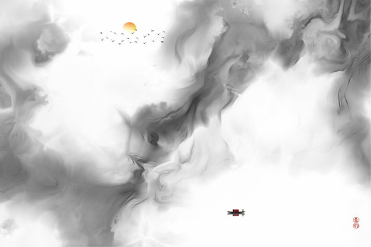 新中式抽象水墨煙霧山水背景墻