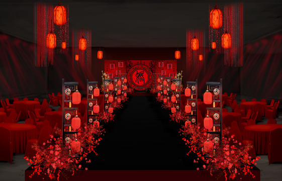 红色汉式中式婚礼效果图