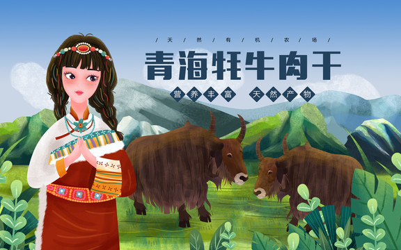 藏族少女牦牛肉干插画包装