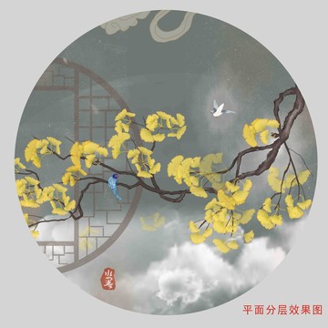 圓形銀杏葉掛畫