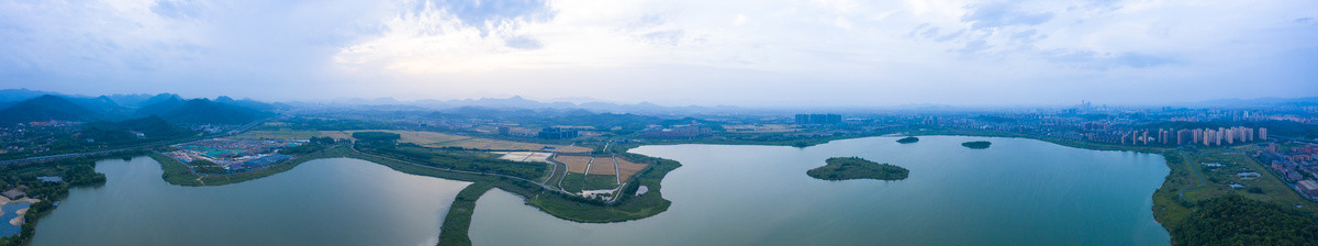 航拍浙江杭州余杭区南湖公园