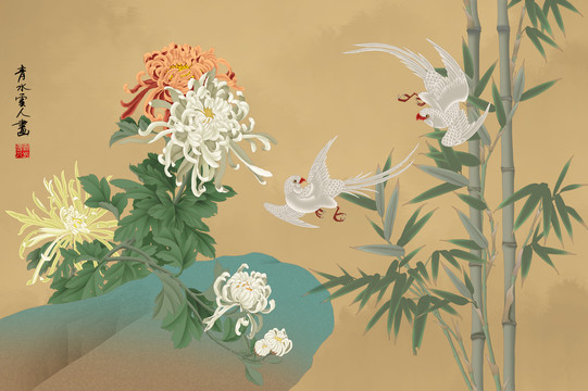工筆花鳥畫菊竹鸚鵡圖