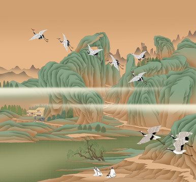 青綠山水瑞鶴圖