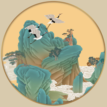 青綠山水瑞鶴圓形鏡心