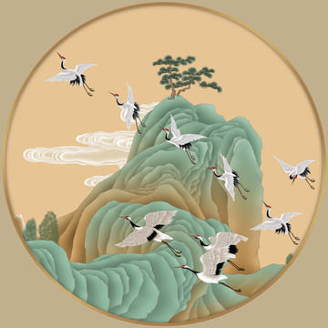 青綠山水仙鶴鏡心
