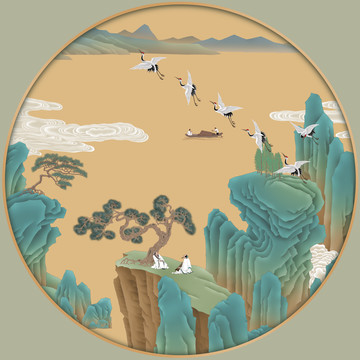 青綠山水仙鶴鏡心