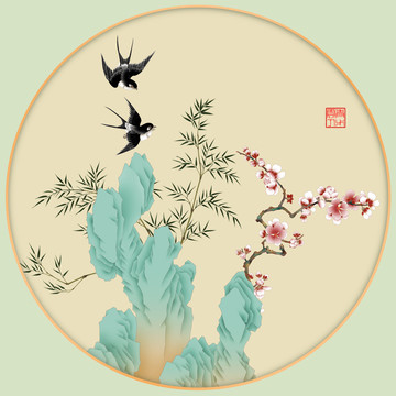 工筆花鳥畫圓形鏡心